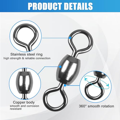 AGOOL Fishing Barrel Swivels, 50/150pcs Rolling Ball Bearings Fishing Swivels Fishing Tackle High Strength Copper with Stainless Steel Rings Line Lure Leaders Connectors 30LB-88LB - size: 6#