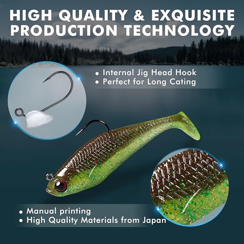 Pre-Rigged Soft Fishing Lures, Easy Catch Swimbaits for Bass Trout | Paddle & Curly Tail, Swim Baits for More Bites, Freshwater & Saltwater Fishing Bait, Crappie Walleye Pike Lures, Value Pack - color: A2-3.5"-0.75oz