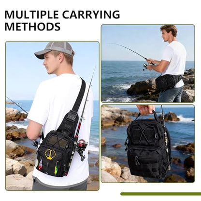 Fishing Backpack Small Fishing Tackle Storage Bag with 3 Methods of Carrying Large Capacity Sling Backpack for Outdoor Hiking Travel Hunting (Black) - color: Black