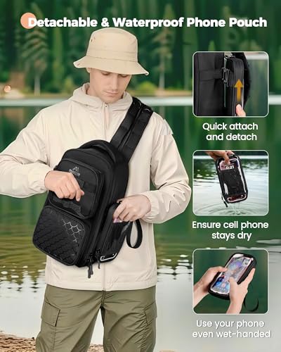 MATEIN Fishing Sling Bag with Phone Pouch, 3600 Tackle Box Backpack | Tackle Bag with Removable Bait Binder, Fishing Bag with Lure Rod Holder, Cooler Compartment, Waterproof, Women Fishing Gifts - color: Black