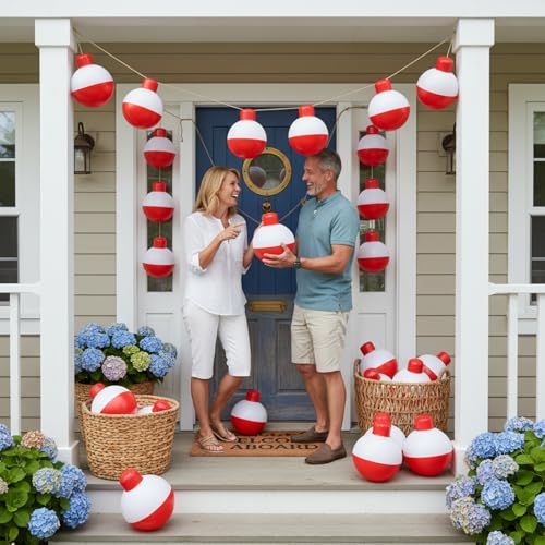 Jetec 6 Pcs 12 Inch Inflatable Fishing Bobber Balloons Decorations Outdoor Inflatable Red White Hanging Ornaments for Fishermen Birthday Party Yard Decoration Party Favors Supplies