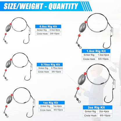 Grouper Rig Saltwater Weighted Fishing Egg Sinker Rigs with Circle Hook Carolina Flounder Rig Surf Fishing Rigs Bottom Rig Catfish Leaders Rig Ready Grouper Rigs - style: 2oz Rig Kit-14pcs