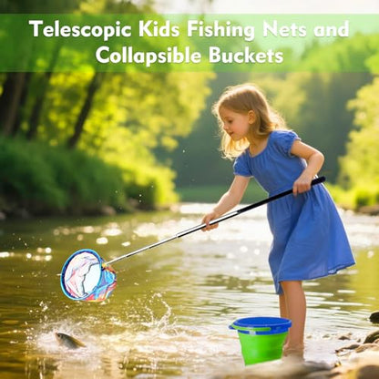 2PCS Kids Fishing Nets with Bucket - Telescoping Handle Retractable Landing Net Lightweight Aluminum Pole for Catch and Release Frog, Minnow, Butterfly, Crab, Beach and Creek Outdoor - color: 2PCS