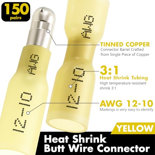 Jeemiter 300PCS Heat Shrink Bullet Connectors - 12-10 AWG Male & Female Electrical Terminals Kit - Waterproof Butt Connectors for Automotive, Marine, Battery & Wiring in Dual-Neck Bottle (Yellow) - size: AWG12-10