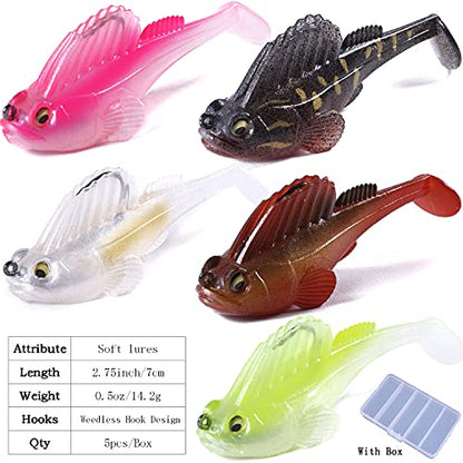 Weedless Soft Plastic Fishing Lures for Bass Trout - Paddle Tail Swimbaits With Hidden Pre-Rigged Sharp Hooks for Freshwater Saltwater - 5pcs Kit With Box - color: B:2.75in/0.5oz/5pcs