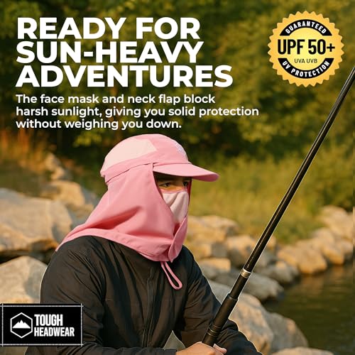 Tough Headwear Fishing Cap w/Face Mask & Neck Flap - Sun Protection Hat with UPF 50 -Landscaping Hats for Women and Men - color: Pink
