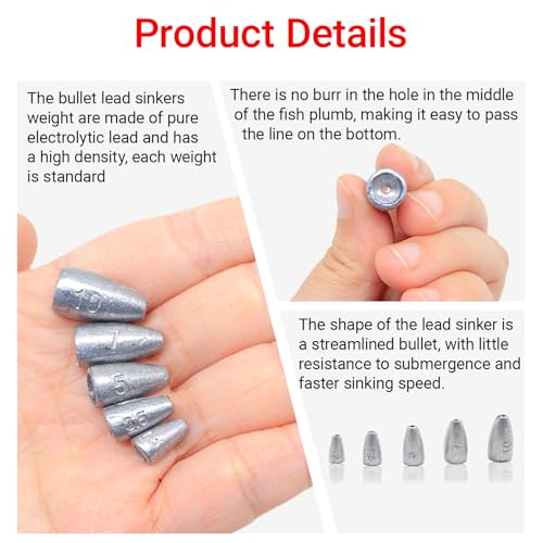 Fishing Weight Sinkers, 50pcs/55pcs Lead Worm Weights Fishing Sinkers for Bass Fishing Texas Rigs(2g/3.5g/5g/7g) - color: 2g/3.5g/5g/7g/10g-55pcs(Box)