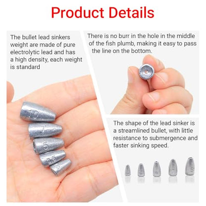Fishing Weight Sinkers, 50pcs/55pcs Lead Worm Weights Fishing Sinkers for Bass Fishing Texas Rigs(2g/3.5g/5g/7g) - color: 2g/3.5g/5g/7g/10g-55pcs(Box)