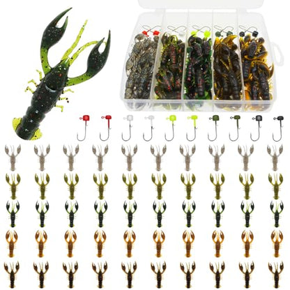 Soft Plastic Crawfish Lures Kit with Jig Heads, 25pcs/60pcs Creature Baits Fishing Lure Set for Bass Trout Pike Freshwater Fishing - color: 60pcs