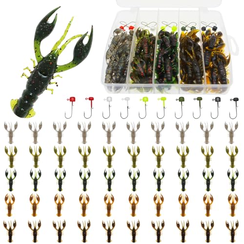 Soft Plastic Crawfish Lures Kit with Jig Heads, 25pcs/60pcs Creature Baits Fishing Lure Set for Bass Trout Pike Freshwater Fishing - color: 60pcs