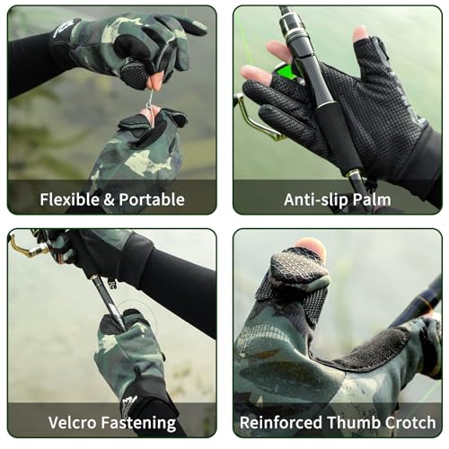 Ice Fishing Gloves for Men & Women - Cold Weather Fishing Gloves with Touchscreen Tips, Non-Slip Silicone Grip - Warm Winter Gloves for Kayaking, Hunting & Outdoor Sports, Green Camo - size: X-Large