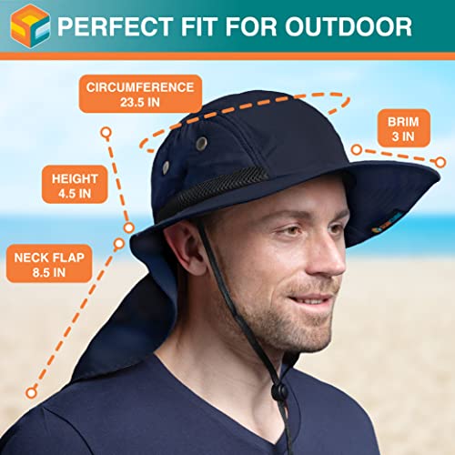 SUN CUBE UPF50+ Sun Hat for Men Women with Neck Flap, Wide Brim UV Protection Fishing Safari Hat for Hiking Beach Gardening - color: Navy