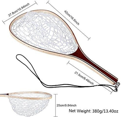 Fishing Landing Net Soft Rubber Mesh Trout Net Catch and Release Net with Wooden Handle Frame, Flying Fishing Hoop 42 x 24.8 x 25(cm)