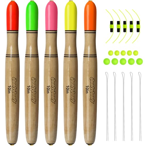 QualyQualy Lighted Fishing Floats for Catfish, 3-5PCS Fishing Pole Floats Glow in Dark Fishing Bobber with Glow Sticks for Freshwater Saltwater - color: C-Wooden Pole Float-5Pcs, size: 10"-5Pcs