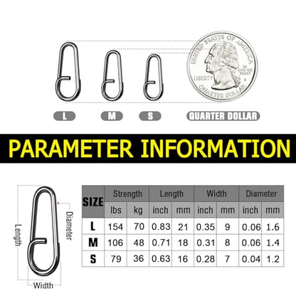 Atibin Stainless Steel Fishing Snap Freshwater High Strength Fishing Clips Saltwater Oval Split Fishing Snaps Swivels Black Nickel - size: SizeS (79lb) 50 pcs