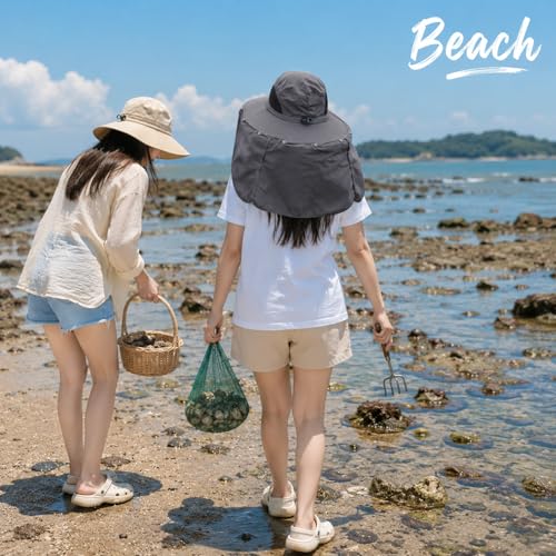 HUAMULAN Women Large Brim Sun Hat with Neck Flap, Men Quick Dry Hiking Fishing Safari Hat UPF 50+ - color: Yq005-darkgray
