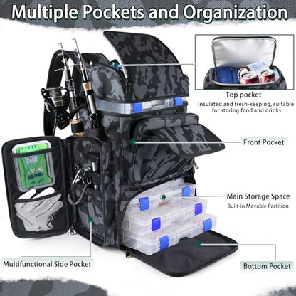 Fishing Tackle Backpack With Rod Holders, 45L Large Tackle Bag & Fishing Tackle Backpack for Fishing, Camping, Hiking,Camouflage - color: Camouflage Black