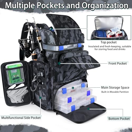 Fishing Tackle Backpack With Rod Holders, 45L Large Tackle Bag & Fishing Tackle Backpack,Cellular Pattern Color - color: Camouflage Cellular Pattern