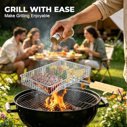 Grill Baskets for Outdoor Grill,Removable Wooden Handle and Divider Panel,BBQ Accessories for Grilling Fish,Veggies,Shrimp,Meat,Premium 304 Stainless Steel,Grilling Tools for Outdoor Cooking & Picnics,Gifts for Father’s Day,Birthday,Festival,Anniversary