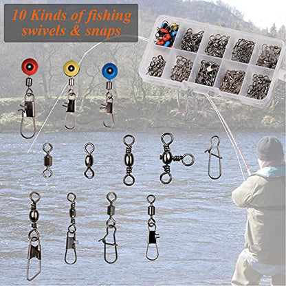 Fishing Swivels Kit - Ball Bearing Swivel, Rolling Barrel Swivel, Crossline Three Way Swivel, Duo Lock Snap, High Strength Fishing Line Connector for Bass Trout Saltwater Freshwater - color: 115PCS