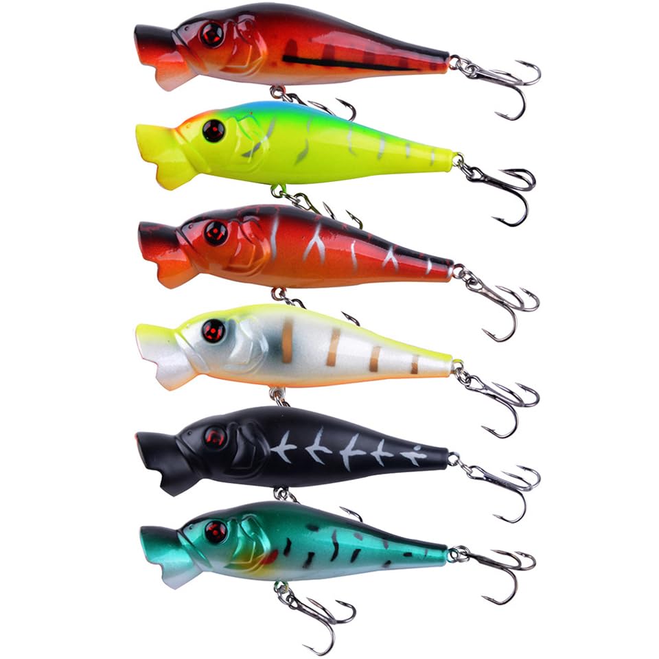 Popper Fishing Lures Topwater Fishing Baits Hard Baits 3D Eyes Swimbait Crankbait with Treble Hook for Bass Trout Freshwater Saltwater - color: 6pcs-3.3in/0.41oz