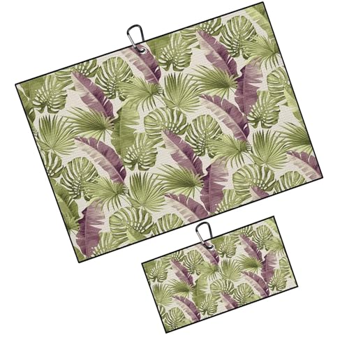 Green Tropical Leaves Golf Towel for Golf's Bags Carts Monstera Golf Towels with Clip Botanical Plants Waffle Towels Palm Tree Cleaning Cloth 2 Packs for Men Golfer, Birthday Present - color: Purple
