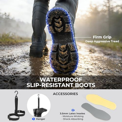 Extremus MarshPro Fishing Waders for Men, 100% Waterproof PVC Chest Waders with Slip-Resistant Boots - color: Black