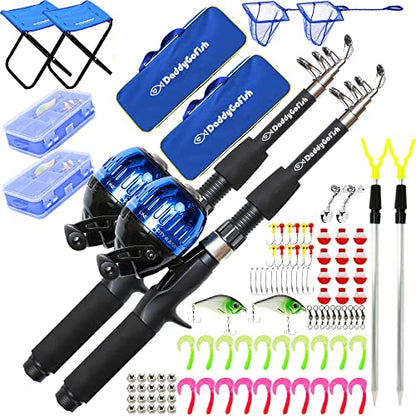 DaddyGoFish Kids Fishing Pole - Rod Reel Combo Tackle Box Starter Set - First Year Small Dock Gear Kit for Boys Girls Toddler Youth Age Beginner Little Children Junior Anglers Older Kids - color: 2 Pack- Blue + Blue