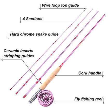 Sougayilang Fly Fishing Rod Reel Combos with Lightweight Portable Fly Rod and CNC-machined Aluminum Alloy Fly Reel,Fly Fishing Complete Starter Package - color: Fly Fishing Full Kit 5-6#-Pink
