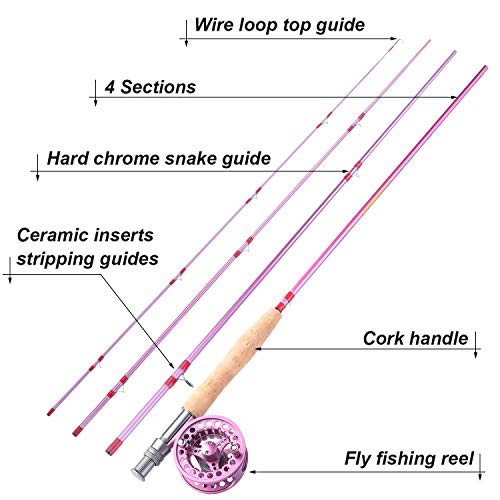 Sougayilang Fly Fishing Rod Reel Combos with Lightweight Portable Fly Rod and CNC-machined Aluminum Alloy Fly Reel,Fly Fishing Complete Starter Package - color: Fly Fishing Full Kit 5-6#-Pink