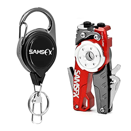 SAMSFX Fishing Tungsten Line Cutter with Zinger Retractors, Fishing Pliers Cutters, Knot Tying Tool, Hook Eye Cleaner, Hook Sharpener - color: Gray&Red Line Cutter with Retractor