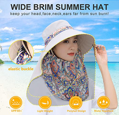 Women Wide Brim Face Mask Sun Hat Detachable Neck Face Flap Ponytail UV Protection Visor Hat Garden Fishing Hiking - color: M9099-mise