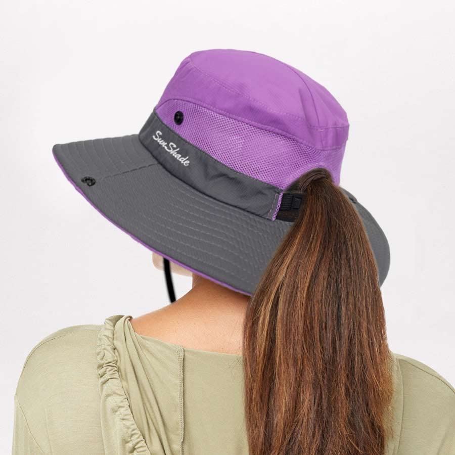 Sun Hat for Women Summer UV Protection Beach Hat Wide Brim Mesh Bucket Fishing Hat with Ponytail Hole Foldable Packable Hat - color: Purple(with Ponytail Hole)