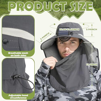 Berlune Solar Fan Hat Outdoor Fishing Hat with Neck Flap and Face Mask USB and Solar Powered for Men Women Sun Protection - color: Dark Gray
