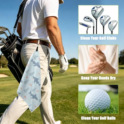 Sharks Fish Tree Blue Print Magnetic Golf Towel for Golf Bags Microfiber Golf Essentials for Men Women with Carabiner Clip Attaches to Clubs and Carts, 17.7"x17.7"