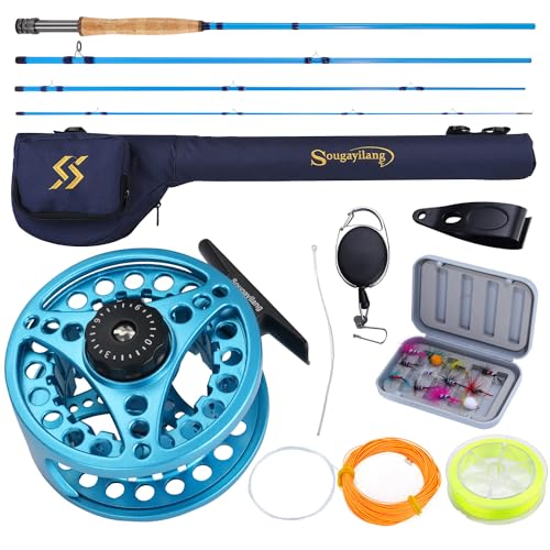 Sougayilang Fly Fishing Combo, 4 Piece Fly Rod and CNC Machined Aluminum Alloy Reel Complete Starter Package with Rod Bag - color: Fly Fishing Combo #5-Blue