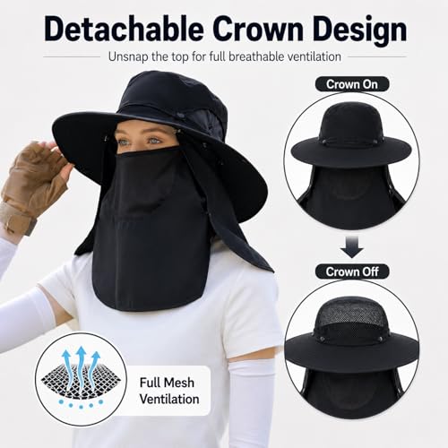 Sun Hat Unisex Face Coverage Shield Neck Flap Cap Garden Lawn Work Sports Hiking Fishing Hats - color: Kcl015-black