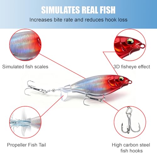 3Pcs Topwater Plopper Fishing Lures, Top Water Bass Fishing Lures for Freshwater, Floating Propeller Topwater Lures Gear Loud Swinging and Vibrating for Bass Walleye Trout Crappie