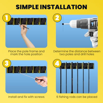 The Big Rod Rack 2 pack Vertical Fishing Rod Holder, Wall Mounted Fishing Rod Rack, Holds Up to 6 Rods or Combos up to 12 (Yellow) - color: Yellow