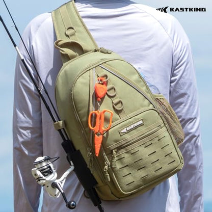 KastKing Karryall Sling Tackle Bag–Fishing Sling Pack,Fishing Backpack With Rod Holder,MOLLE System,Soft Bait & Gear Storage - color: C: Khaki