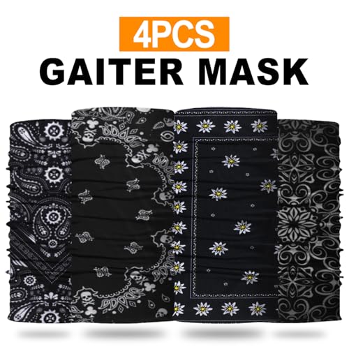 4Pack Neck Gaiter for Men Women Face Cover Mask Head Wrap Balaclava Headwear Bandana Headband Magic Scarf - color: A-black-flower-1