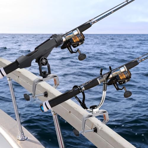 LBW Boat Fishing Rod Holder Clamp on Rod Holder 360 Degree Adjustable Dual-use Fishing Pole Holder for Boat Dock Pontoon Canoe 2 PCS