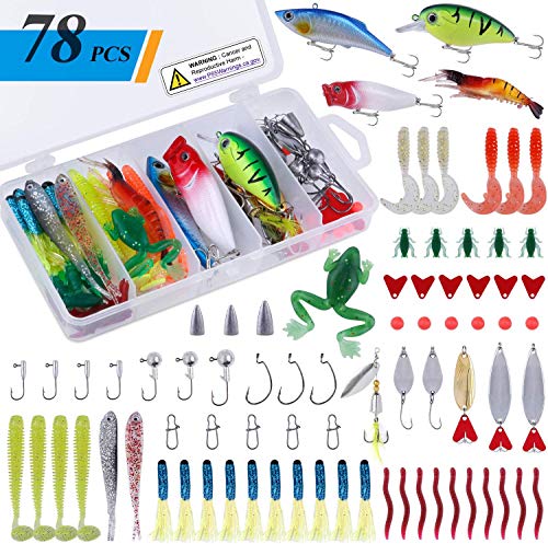 PLUSINNO Fishing Lures, 292/210Pcs Tackle Box with Tackle Included, Crankbaits, Hooks, Weights, Fishing Accessories kit, Fishing Bait Lure Gear Kit Gift for Men Bass,Trout - color: 78PCS Fishing Lures