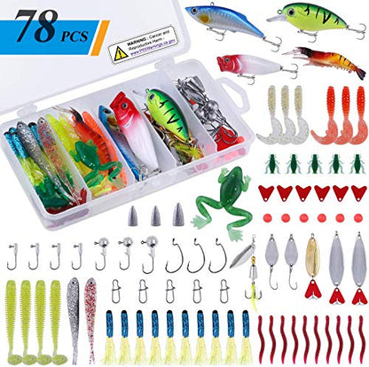 PLUSINNO Fishing Lures, 292/210Pcs Tackle Box with Tackle Included, Crankbaits, Hooks, Weights, Fishing Accessories kit, Fishing Bait Lure Gear Kit Gift for Men Bass,Trout - color: 78PCS Fishing Lures