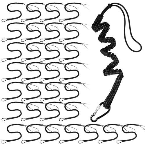 LEIFIDE 32pcs Tool Lanyard Standard Length Safety Tool Leash 17.6lb 8kg Tough Adjustable Fall Protection Tether with Aluminum Screw Lock Buckle, Shock Cord Stopper and Retractable Loop End, Black