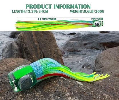 13.4Inch Fishing Trolling Lures Saltwater Trolling Skirted Lures Offshore Big Game Artificial Fishbait for Tuna Marlin Deep Sea Octopus Squid Skirts Rigged Hooks - color: colourD kit