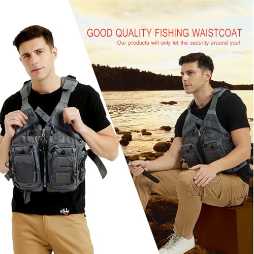 Obcursco Fly Fishing Vest for Men and Women with Breathable Mesh, Trout Fishing Gear, for Outdoors Stream Fishing - color: Grey