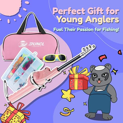 RUNCL Kids Fishing Pole - Portable Folding Fishing Rod and Reel Combo Kit with Spincast Fishing Reel, Kids Sunglasses, Tackle Box, Travel Bag, Gift for Children's Day