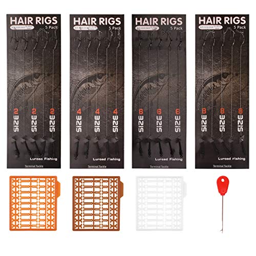 Carp Fishing Hair Rigs, 20 Pcs Curved Barbed Carp Hook Anti-Tangle Swivel Braided Thread line with 3 Card Boilie Bait Stops Dumbell Stoppers and Stringer Needle - color: Barbed, size: 4 Packs (Size 2#)