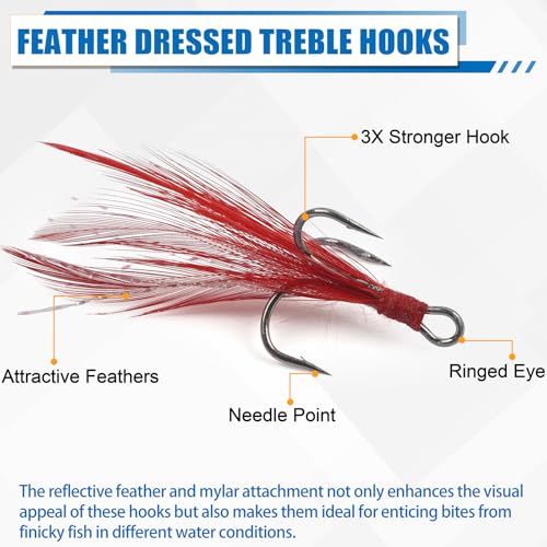 Fishing Treble Hooks Kit 50pcs Feather Dressed High Carbon Steel Triple Barbed Hooks Strong Sharp Round Bend for Catfish Trout Hard Baits Lures Freshwater Saltwater Fishing
